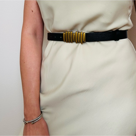 Accessories - New Elegant Faux Leather Black Belt with Brushed Gold Accent Buckle